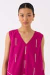 Shop_THREE_Pink Poplin (crepe Pleats) Embroidery Raindrop V Neck Frill Hem Dress 