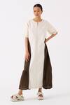 Buy_THREE_Ivory Poplin Embroidery Bloom Round Neck Frilly Side Pleated Maxi Dress _at_Aza_Fashions