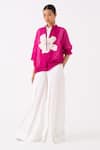 Buy_THREE_Pink Organza Applique Blossom Mandarin Collar Bomber Jacket _at_Aza_Fashions