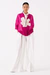 Shop_THREE_Pink Organza Applique Blossom Mandarin Collar Bomber Jacket _at_Aza_Fashions