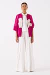 THREE_Pink Organza Applique Blossom Mandarin Collar Bomber Jacket _Online_at_Aza_Fashions