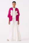 Buy_THREE_Pink Organza Applique Blossom Mandarin Collar Bomber Jacket _Online_at_Aza_Fashions