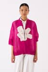 THREE_Pink Organza Applique Blossom Mandarin Collar Bomber Jacket _at_Aza_Fashions