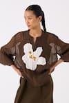 Shop_THREE_Green Organza Applique Floret Mandarin Collar Bomber Jacket _Online_at_Aza_Fashions