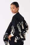 Shop_THREE_Black Handloom Cotton Embroidery Fringe Mandarin Collar Blossom Bomber Jacket _Online_at_Aza_Fashions