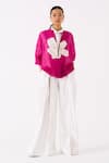 Buy_THREE_Pink Jacket Organza Applique Floral Round Collar And Pant Set _Online_at_Aza_Fashions