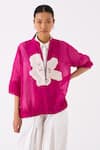 THREE_Pink Jacket Organza Applique Floral Round Collar And Pant Set _at_Aza_Fashions