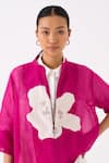 Buy_THREE_Pink Jacket Organza Applique Floral Round Collar And Pant Set 