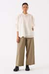 Buy_THREE_Ivory Top Chanderi Plain Round Collar Pintuck Structured With Pant _at_Aza_Fashions