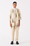 Buy_THREE_Ivory Handloom Cotton Embroidery Fringes Front Open Floral Jacket With Pant _Online_at_Aza_Fashions