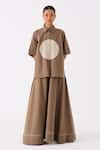 Buy_THREE_Brown Shirt Poplin Embroidery Circle Collar Neck With Wide Legged Pant _at_Aza_Fashions