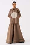 Buy_THREE_Brown Shirt Poplin Embroidery Circle Collar Neck With Wide Legged Pant _Online_at_Aza_Fashions