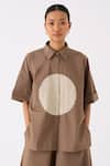 THREE_Brown Shirt Poplin Embroidery Circle Collar Neck With Wide Legged Pant _at_Aza_Fashions