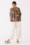 Buy_THREE_Brown Top Poplin Embroidery Wave Round Collar With Pant _at_Aza_Fashions