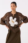 THREE_Green Jacket Organza Applique Floral Round Collar Bomber With Dress _at_Aza_Fashions