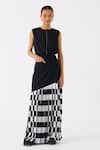 Buy_THREE_Black Top Poplin Chequered Round Sleeveless With Pattern Skirt _at_Aza_Fashions