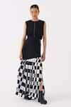 THREE_Black Top Poplin Chequered Round Sleeveless With Pattern Skirt _Online_at_Aza_Fashions