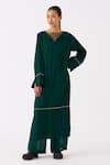 Buy_THREE_Green Bemberg Plain V Neck Kaftan And Pant Set _at_Aza_Fashions