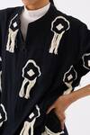 Buy_THREE_Black Handloom Cotton Embroidery Fringes Open Neck Abstract Jacket With Pant 