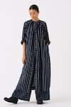 THREE_Black Mul Print Stripe Round Collar Long Tunic With Broad Pant _Online_at_Aza_Fashions