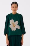 THREE_Green Poplin Applique Floral Round Collar Contrast Top _Online_at_Aza_Fashions