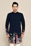 Buy_Arihant Rai Sinha_Blue Suede, Cotton Embroidery Marine Life Achkan Set _Online_at_Aza_Fashions