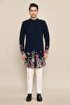 Shop_Arihant Rai Sinha_Blue Suede, Cotton Embroidery Marine Life Achkan Set _Online_at_Aza_Fashions