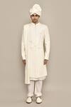 Aryavir Malhotra_Ivory Bamberg Raw Silk Embroidery Thread Diamond Sherwani Set _at_Aza_Fashions