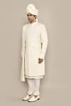 Buy_Aryavir Malhotra_Ivory Bamberg Raw Silk Embroidery Thread Diamond Sherwani Set 