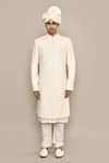 Buy_Aryavir Malhotra_Ivory Bamberg Raw Silk Embroidery Thread Diamond Sherwani Set _Online