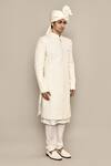 Aryavir Malhotra_Ivory Bamberg Raw Silk Embroidery Thread Diamond Sherwani Set 