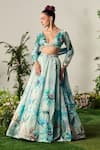 Buy_Payal & Zinal_Blue Tissue Organza Print Lily Garden Plunging V Neck Embellished Lehenga Set _at_Aza_Fashions