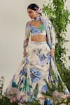 Buy_Payal & Zinal_Ivory Velvet Print Bluebell Gardenia Sweetheart Neck Embellished Lehenga Set _Online_at_Aza_Fashions