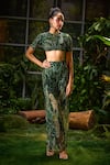 Buy_Payal & Zinal_Green Tulle Print Tropical Lush High Neck And Embellished Blouse With Pant _at_Aza_Fashions