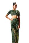 Buy_Payal & Zinal_Green Tulle Print Tropical Lush High Neck And Embellished Blouse With Pant _Online_at_Aza_Fashions