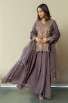 Buy_World of Sugandh_Purple Silk Embroidery, Sequins V-neck Luxe Fleur Kurti Sharara Set _at_Aza_Fashions