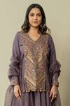 Buy_World of Sugandh_Purple Silk Embroidery, Sequins V-neck Luxe Fleur Kurti Sharara Set _Online_at_Aza_Fashions