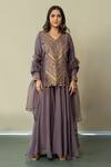 Shop_World of Sugandh_Purple Silk Embroidery, Sequins V-neck Luxe Fleur Kurti Sharara Set _Online_at_Aza_Fashions