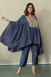 Buy_World of Sugandh_Blue Silk Embroidery Round Neck Midnight Flora Yoke Kaftan With Pant _at_Aza_Fashions