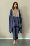 Shop_World of Sugandh_Blue Silk Embroidery Round Neck Midnight Flora Yoke Kaftan With Pant _at_Aza_Fashions