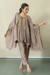 Shop_World of Sugandh_Brown Silk Embroidery Round Neck Metallic Fleur Yoke Kaftan With Pant _at_Aza_Fashions