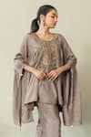 Shop_World of Sugandh_Brown Silk Embroidery Round Neck Metallic Fleur Yoke Kaftan With Pant _Online_at_Aza_Fashions