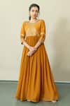 Buy_Sugandh Gupta_Yellow Dupion Silk Embroidery Cosmic Blossom Round Neck Gown _at_Aza_Fashions