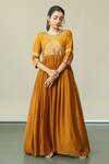 Sugandh Gupta_Yellow Dupion Silk Embroidery Cosmic Blossom Round Neck Gown _Online_at_Aza_Fashions