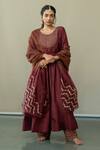 Shop_World of Sugandh_Wine Silk Sequins, Embroidery Round Neck Charm Bloom Jaal Yoke Anarkali Set _at_Aza_Fashions