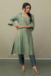 World of Sugandh_Green Silk Sequins Scoop Neck Perfection Aari Side Pocket Work Kurta With Pant _Online_at_Aza_Fashions