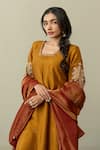 Sugandh Gupta_Yellow Dupion Silk Embroidery Phool Vine Glass Neck Majestic Kurta Pant Set _Online_at_Aza_Fashions