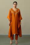 Buy_World of Sugandh_Orange Silk Sequins V-neck Aura Bloom Fleur Yoke Embroidered Kaftan With Trouser _at_Aza_Fashions