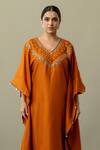 World of Sugandh_Orange Silk Sequins V-neck Aura Bloom Fleur Yoke Embroidered Kaftan With Trouser _Online_at_Aza_Fashions