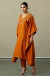 World of Sugandh_Orange Silk Sequins V-neck Aura Bloom Fleur Yoke Embroidered Kaftan With Trouser _at_Aza_Fashions